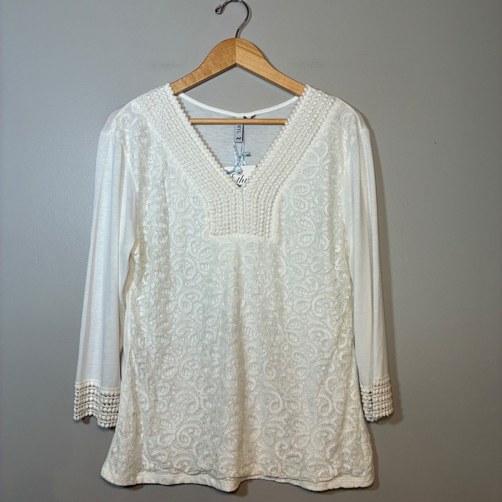 Ethyl Ivory Lace Front V-Neck Top Crochet Trim Long Sleeve White Blouse M